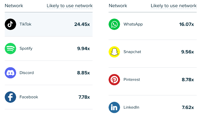 screenshot of a breakdown of the social media platforms a brand's target demographic uses