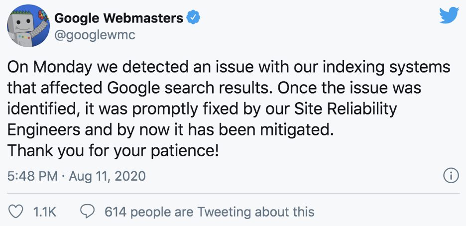 Google Masters Blog Tweets confirming indexing glitch