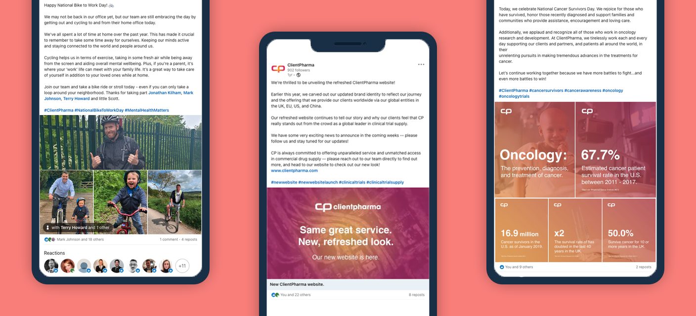Three phones displaying engaging content for ClientPharma on LinkedIn