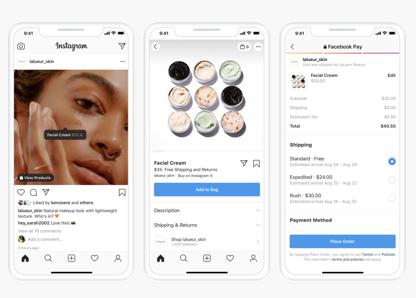 Screenshots of the Instagram shopping experience for customers.