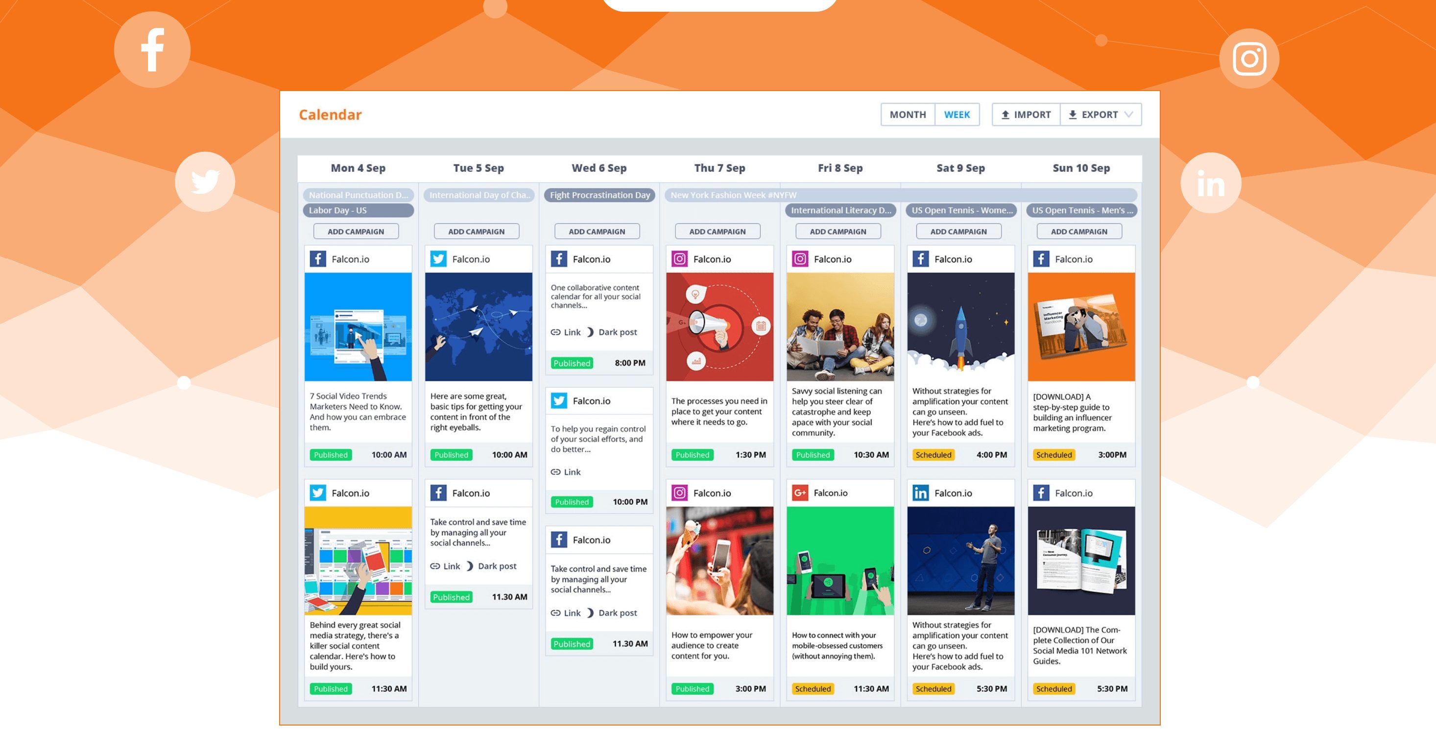 Example social media content calendar from Falcon.io