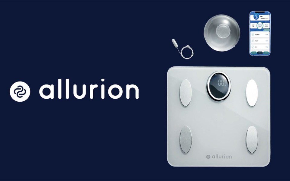 Allurion logo and products on blue background