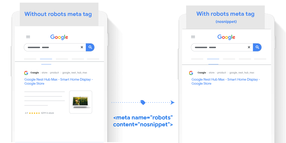 Google page results with “nosnippet” meta tag