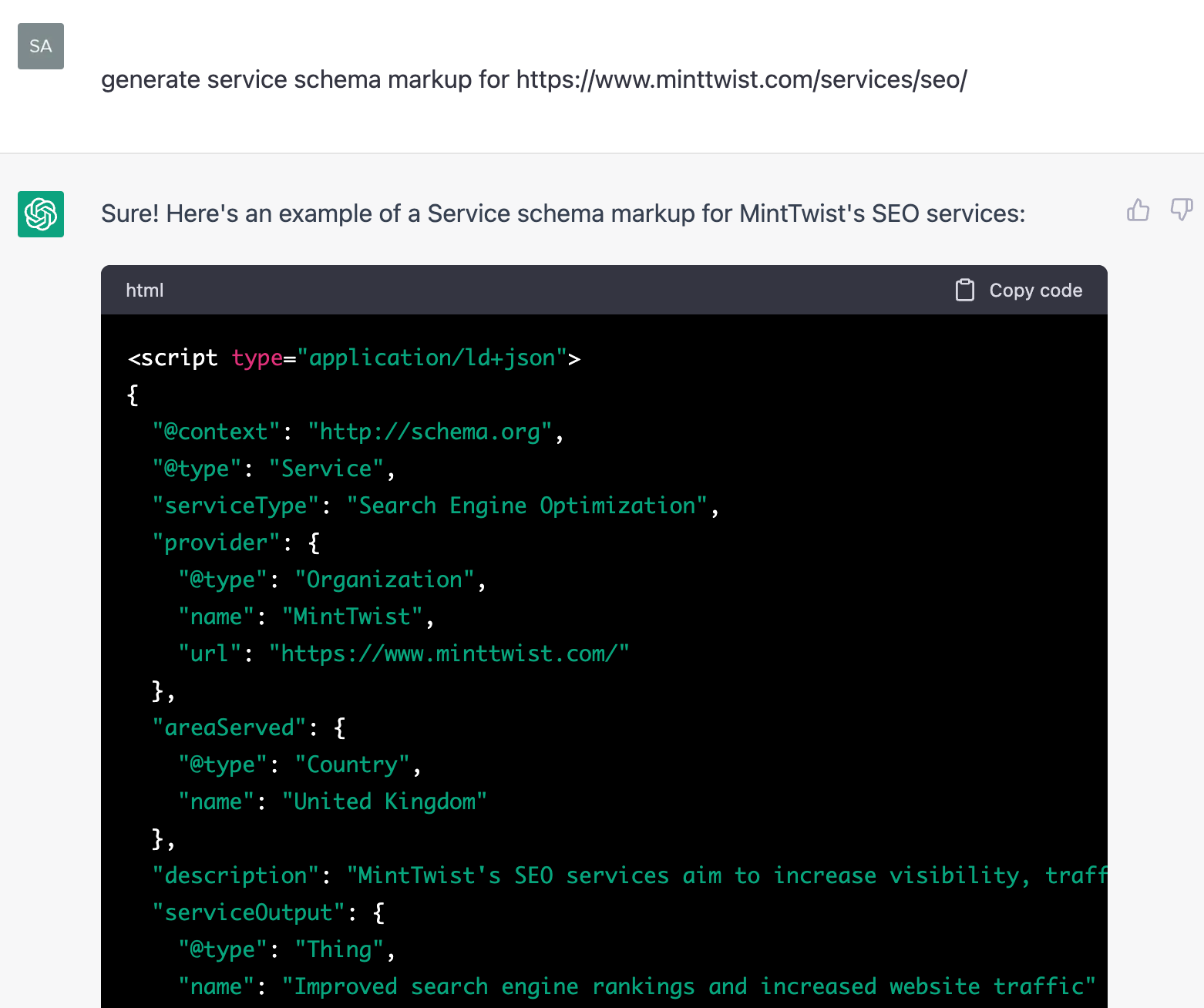 screenshot of chatgpt generating service schema for the MintTwist SEO  page