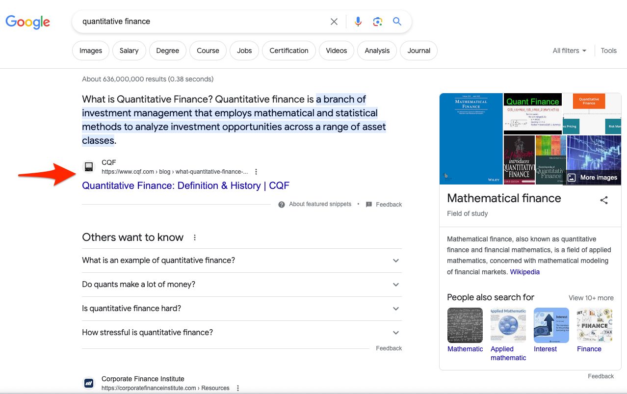 A view of Google results, with the search for "Quantitive Finance" producing a definition at the top of the page which is linked through to the CQF website 