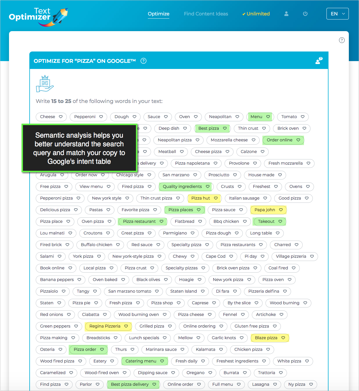 Text Optimizer for 'pizza' on Google